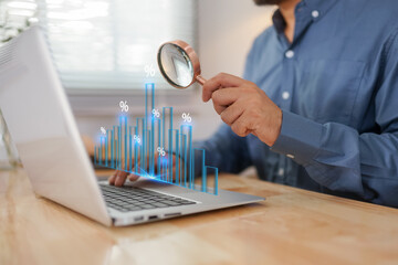 Business growth visual with blue arrows and percentage signs symbolizes rising financial success, investment returns, and economic performance in a modern digital environment