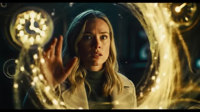 Woman standing with golden rotating light dimension in futuristic glowing atmosphere