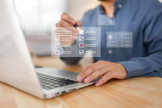 Online survey and assessment interface with interactive checkboxes and digital forms, perfect for e-learning, user feedback, and remote evaluations in a modern virtual workspace.
