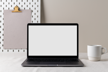 Computer laptop mockup png, feminine home interior, cup of coffee