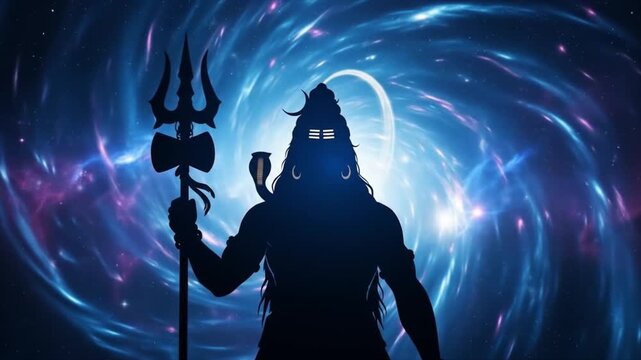Lord Shiva wallpaper - Cosmic Silhouette of a Divine Figure with Trident and Crescent Moon Against a Swirling Nebula Background, Representing Spiritual Power and Universa...