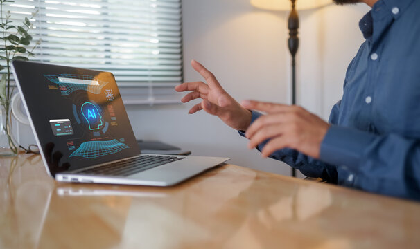 AI generate concept showing businessman typing on laptop with artificial intelligence app interface, digital technology, automation, smart software, and innovative business solution.