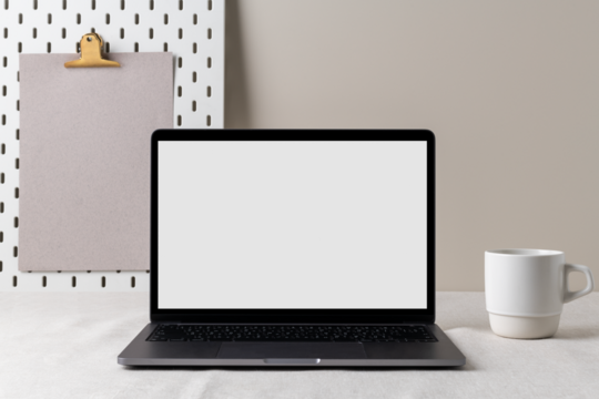 Computer laptop mockup png, feminine home interior, cup of coffee