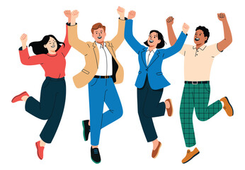 Naklejka premium Four joyful individuals jumping mid-air with raised arms—celebrating unity, energy, and spontaneity in a casual, expressive moment