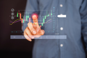 Investors show virtual screen stock market index chart, smartphone application to invest in global...