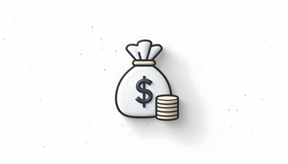 A clean, flat 2D set of finance icons on a transparent background, including money bag, dollar sign, coin stack, credit card, bank building, rising chart, wallet, hand holding money, calculator, mobil