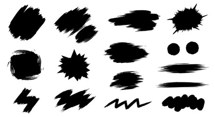 Collection of Abstract Black Ink Brush Strokes and Splatters on Transparent Background.