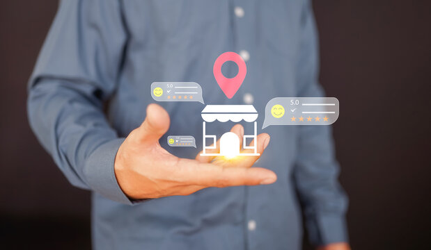 Local business reviews and customer feedback system on mobile device, showcasing star ratings for small businesses. Digital marketing, local SEO, and consumer experience in online business reviews
