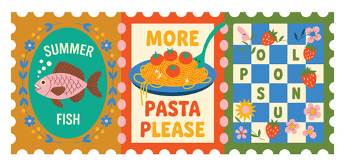 Colorful three-panel summer collage featuring fish illustration, pasta dish, and crossword puzzle—blending food, leisure, and seasonal charm