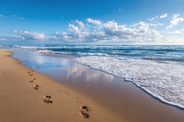 Serene seaside view with footprints on sandy beach under a cloudy blue sky