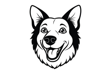 Naklejka premium A black and white vector illustration of a large, happy-looking dog with a friendly, open expression. The dog's face is prominently featured, with detailed fur textures and defined features like eyes,
