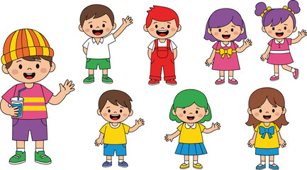 Cartoon children characters, diverse outfits, playful poses, cheerful expressions, waving hands, educational theme, colorful illustration, stock art, fun design