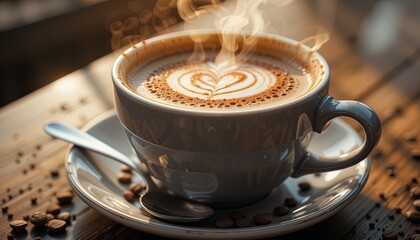 Steam rises from a cup of hot latte art.