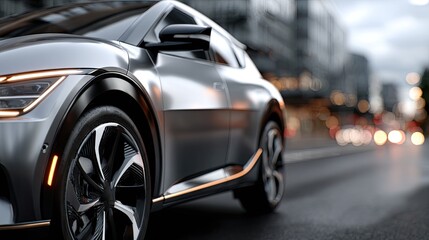 Close-up view showcases a sleek wheel rim of an electric car glowing softly in an urban cityscape, emphasizing its advanced design
