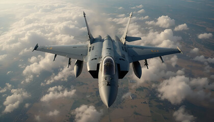 F-15 Eagle soars among clouds, an American twin-engine tactical fighter in flight over land, a powerful military aircraft.