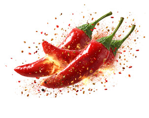 Red hot chili peppers flying in the air with some chili powder.