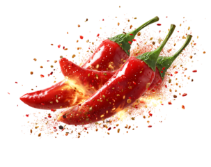 Red hot chili peppers flying in the air with some chili powder.