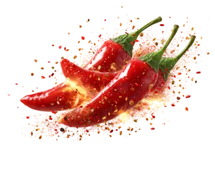 Papier peint photo Piments forts Red hot chili peppers flying in the air with some chili powder.  © gdgaffar