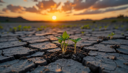New life sprouts from cracked earth during a scenic sunset, conveying resilience and hope against environmental challenges.