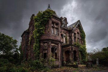 Obraz premium Dilapidated mansion under dramatic sky