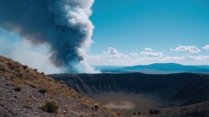 Volcanic Eruption Smoke Rising Above Crater with Scenic Mountain Background
