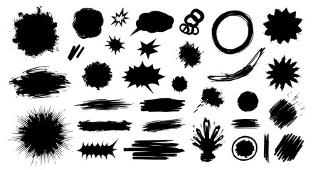 Collection of varied black grunge shapes and brush strokes on transparent background.