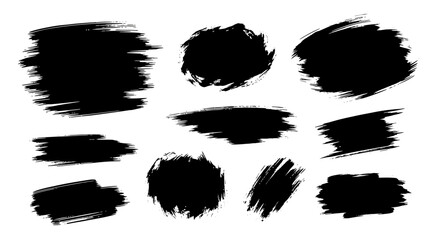 Assorted black ink brushstrokes with varying textures and shapes for artistic design.