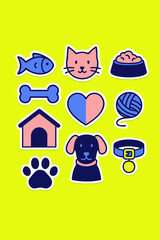  Bright colorful pet-themed icons including dog, cat, fish, and toys on yellow background.