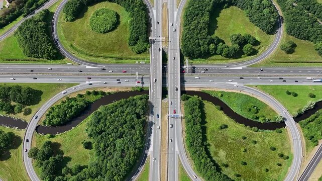 Aerial video from traffic on the cloverleaf junction Drachten in the Netherlands 