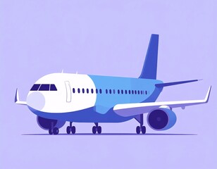 A stylized illustration of a passenger jet on a light purple background.