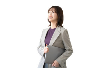 パソコンを持つ女性・ビジネスウーマン（背景透過PNG）