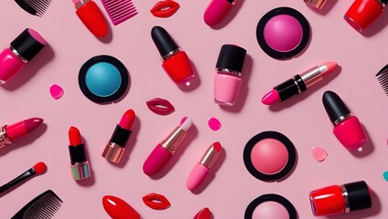 Obraz premium Animated Style Cosmetic Pattern with Nail Polish and Eyeshadow Kits 