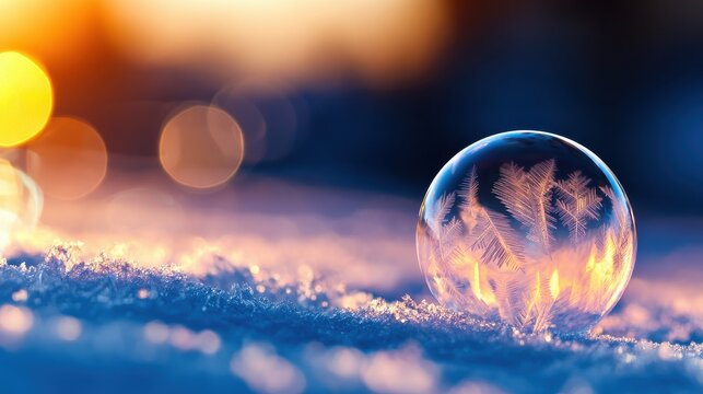 A close-up of a frozen soap bubble resting on snow, showcasing intricate frost patterns at sunset