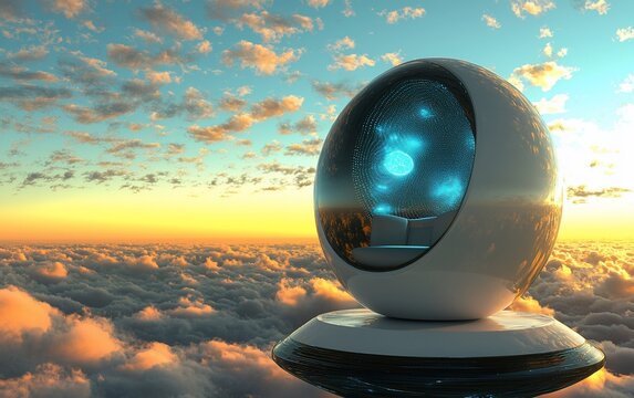 Futuristic pod with glowing interior hovering above a sea of clouds at sunset