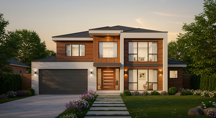 Modern two-story house with wood and white siding, large windows, and a gray garage door, surrounded by green lawn and trees.