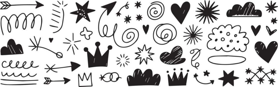 Doodle Design Elements with Hearts, Arrows, Stars and Crowns for Fun Graphic Design