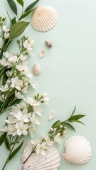 Light green coral background with flowers and seashells, background for text, card, greeting,