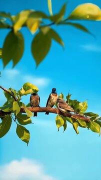 Three Birds Perched on a Tree Branch Against a Clear Blue Sky