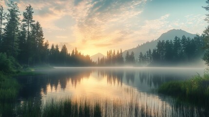 Fototapeta premium Panoramic view of a beautiful forest lake during sunrise