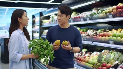 Couple Choosing Fresh Produce in Grocery Store Aisle
