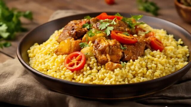 Hearty meat stew with golden pasta and fresh vegetables served in a rustic bowl