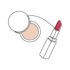 Hand drawn cosmetics vector. Makeup icon one line continuous drawing. Red lipstick and compact powder case. Beauty product linear silhouette, print, banner, card, poster, skincare, logo, sign, symbol.