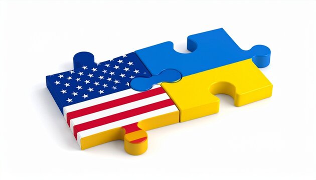 Prompt "Two interlocked puzzle pieces—one painted with the American flag and the other with Ukraine’s—symbolizing geopolitical alliance, supportive connection, and the effort to build unity from diffe