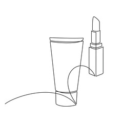 Hand drawn face cream tube and lipstick vector. One line continuous drawing. Beauty fashion print, linear silhouette icon. Cosmetics skincare product, balm, lotion, lip gloss, wall art poster, sign
