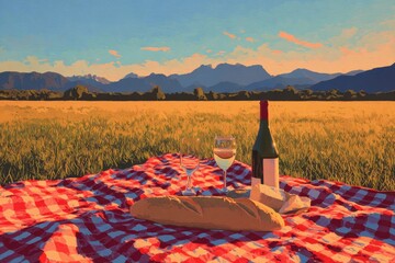 Obraz premium A picnic scene with wine and bread, on a red and white checkered blanket against a landscape