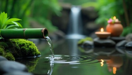 "A peaceful Zen garden scene featuring a green bamboo pipe gently pouring water into a calm pond, creating soft ripples on the surface. Smooth black stones, green moss, and lush bamboo plants surround