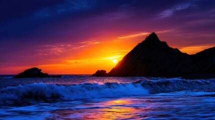 Breathtaking sunset over a rugged coastline with waves crashing against the shore
