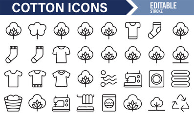 Set of Fashion and Textile Icons Featuring T-Shirts, Cotton Plants, and Clothing Items