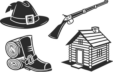 Pioneer Settler Lifestyle Icons Hat Gun Boots Cabin