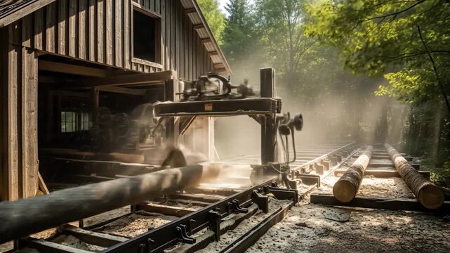 Sawmill Cutting Log, Woodworking, Lumber Production.